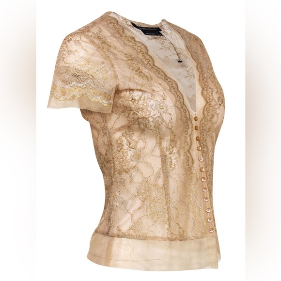 New BCBG Max Azria - Gold Metallic Sheer Lace Short Sleeve Blouse - Picture 2 of 5